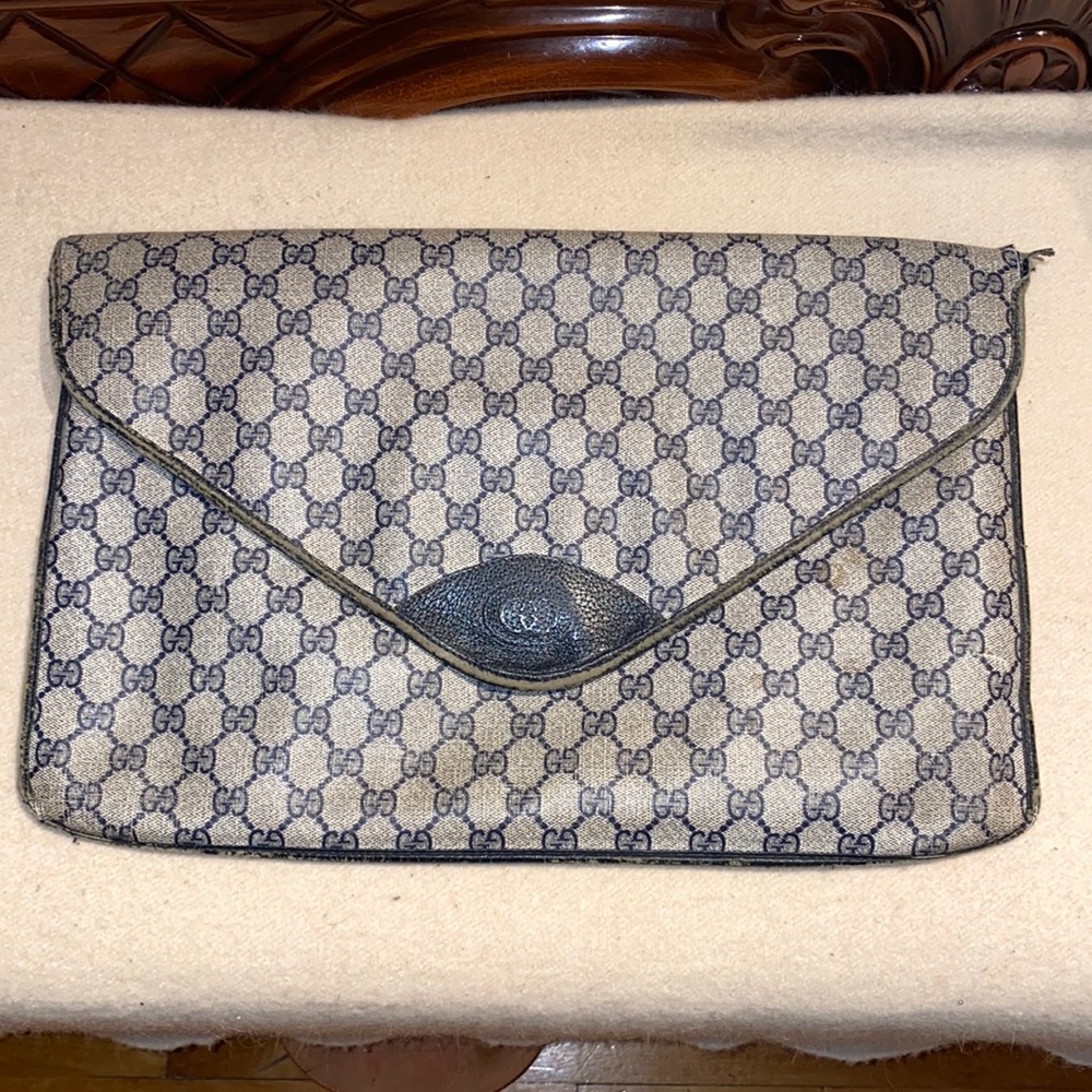 Vintage Gucci Beige & Blue GG Supreme Large Envelope Clutch